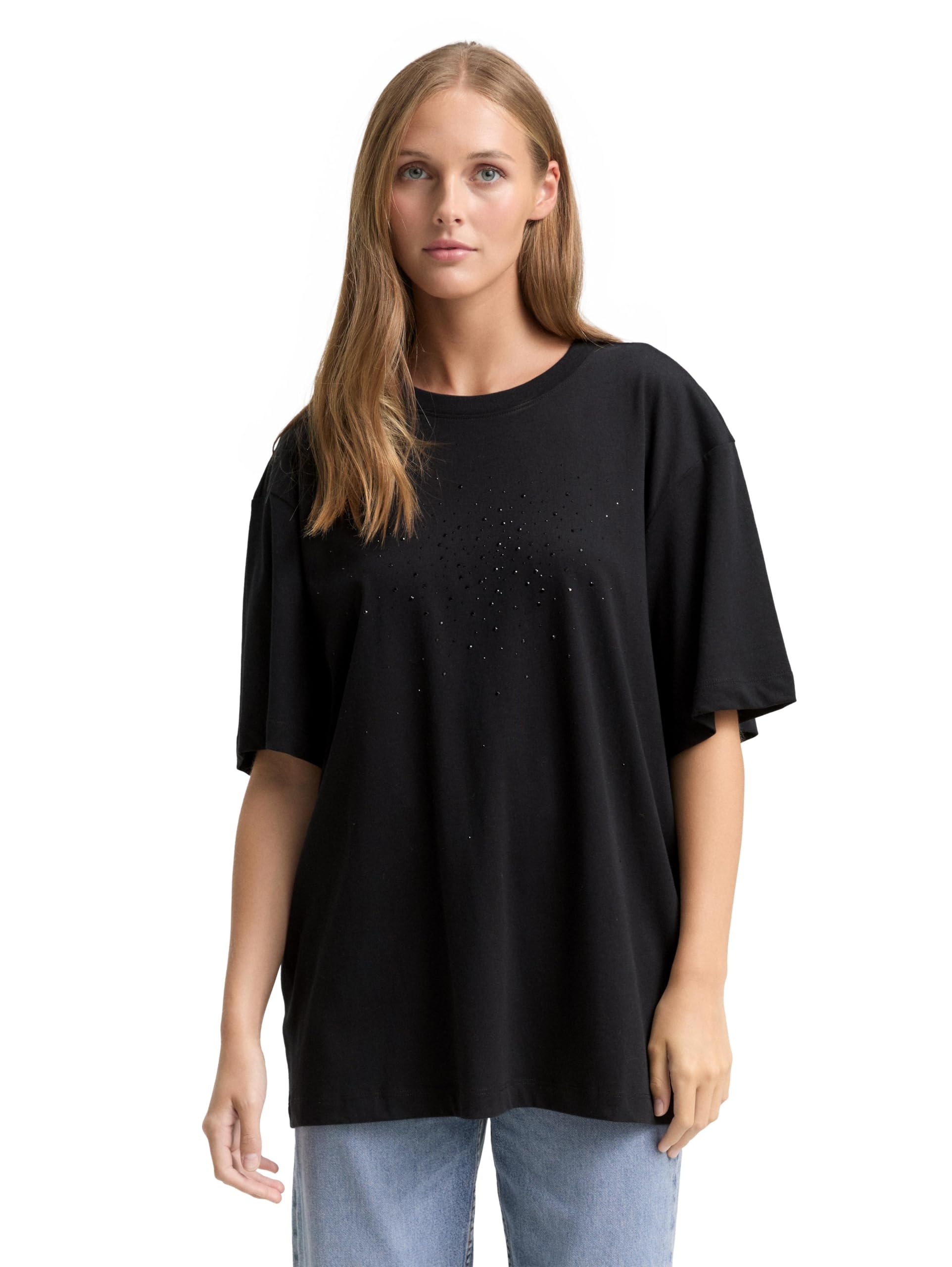 TOM TAILOR Denim Damen 1048976 Oversize T-Shirt mit Strasssteinen