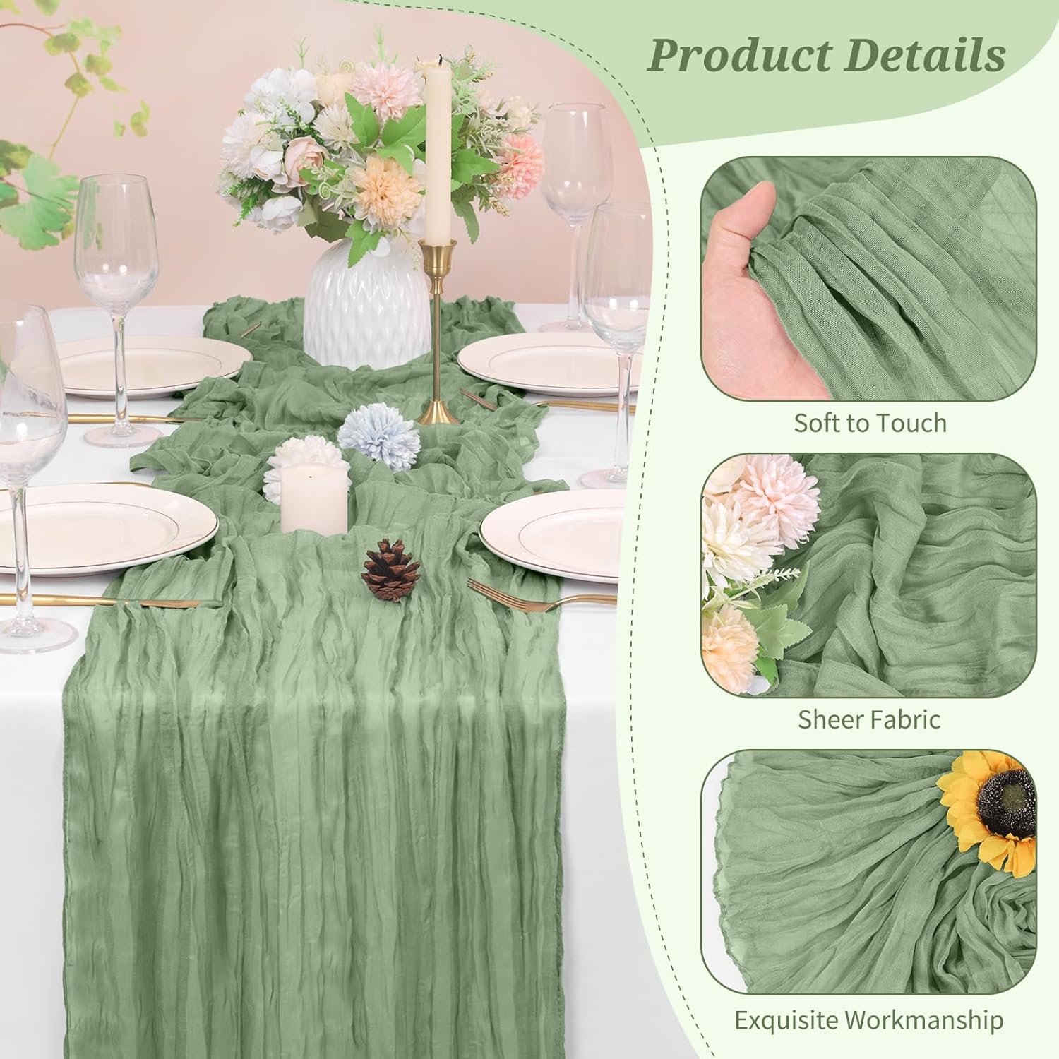 18 Pack Cheesecloth Table Runner Sage Green 10Ft Rustic Boho Gauze Table Runner Romantic Long Sheer Fabric Cheesecloth Table Runner for Wedding Festival Birthday Anniversary Dinner Outdoor Events