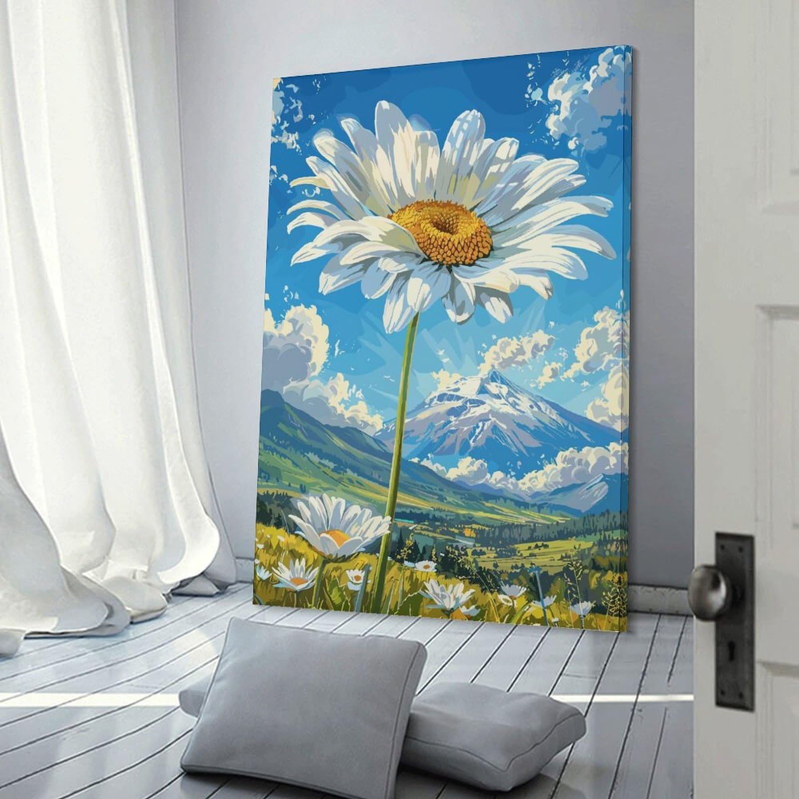 Junmoney Daisy Mountain View Canvas Wall Decor, 24x36inch(60x90cm), for Lounge Decor, Bedroom Walls Or Flats, Eye Catching Artwork for Blank Walls