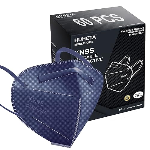 HUHETA Mascarilla KN95 60 unidades, máscaras de seguridad de 5 capas para hombres y mujeres, eficiencia de filtro de más del 95% (máscara azul rey)