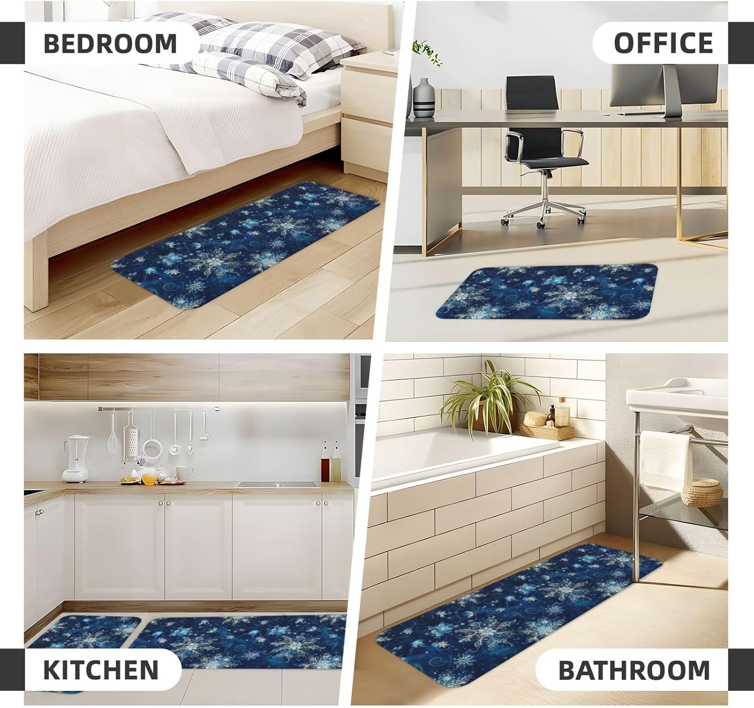 Blue Fantasy Snowflakes Print Kitchen Rugs Sets of 2 Non Slip Washable, Anti Fatigue Kitchen Mats for Floor, Home Decor
