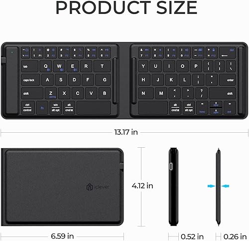 Miniatura 7 de iClever Teclado Bluetooth plegable, teclado plegable inalámbrico portátil con cubierta de piel sintética, multidispositivo, recargable, tamaño de