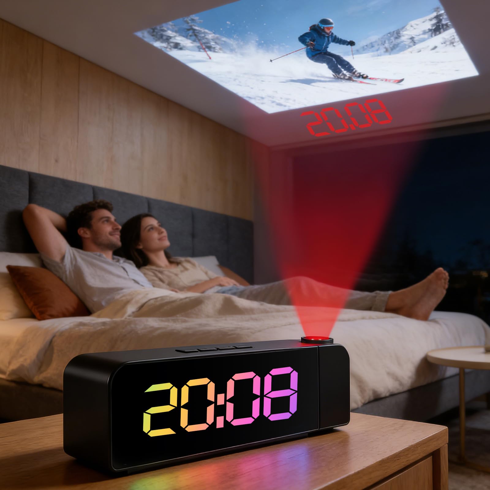 Reloj Despertador de Proyección Digital 180°, Pantalla LED Grande con Temperatura, 4 Niveles de Brillo, Alimentación por USB, para Dormitorio, Oficina, Niños y Ancianos（Negro）