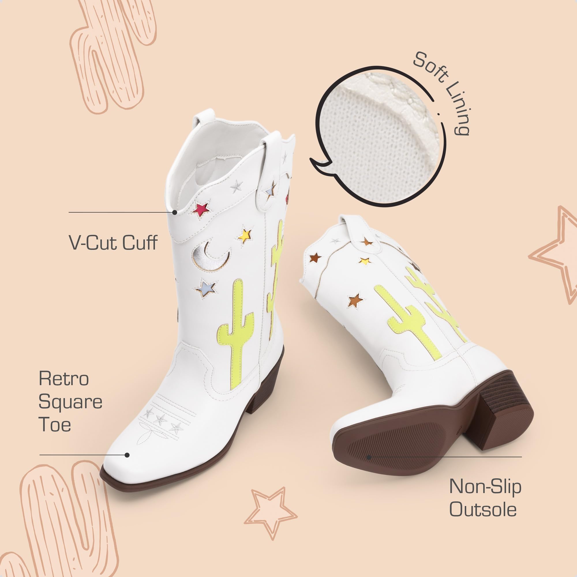 DREAM PAIRS Bottes de cowboy mi-mollet pour filles avec talon bas et bout carré pour petit enfant/grand enfant