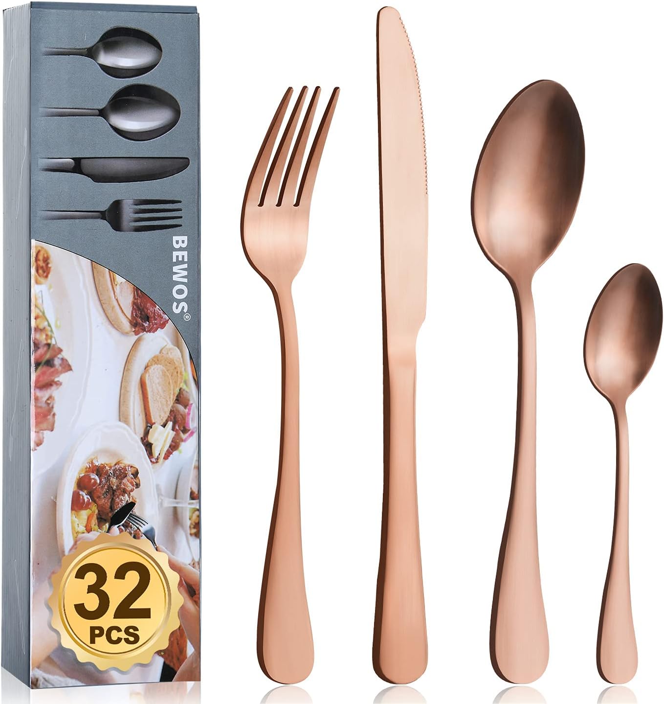 Cutlery Set, BEWOS 32 Piece Stainless Steel Flatware Set, Tableware Silverware Set with Matt Rose Gold Spoon Knife and Fork Set, Service for 8, Dishwasher Safe/Easy Clean
