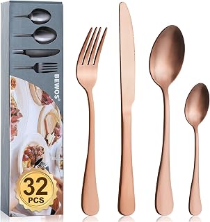 BEWOS - Juego de cubiertos de acero inoxidable de 32 piezas, juego de cubiertos con cuchara, cuchillo y tenedor de oro rosa mate, servicio para 8, apto para lavavajillas, fácil de limpiar