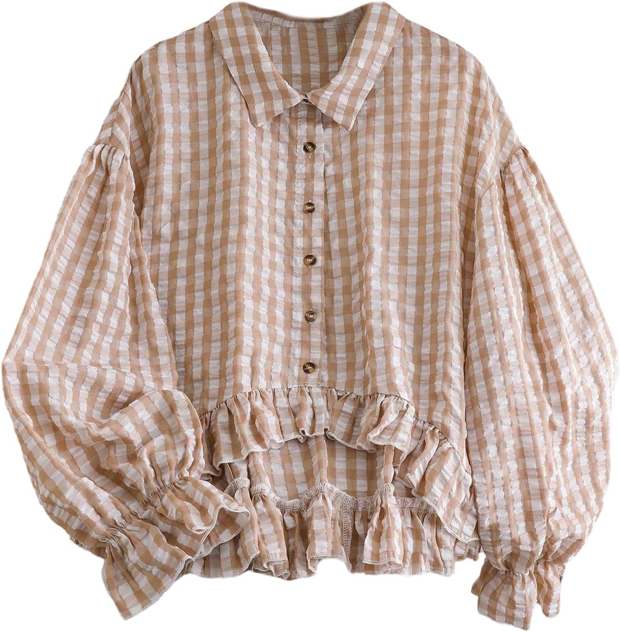 WDIRARA Women's Plus Size Gingham Plaid Button Down Shirts Flounce Long Sleeve Ruffle Blouse Crop Top