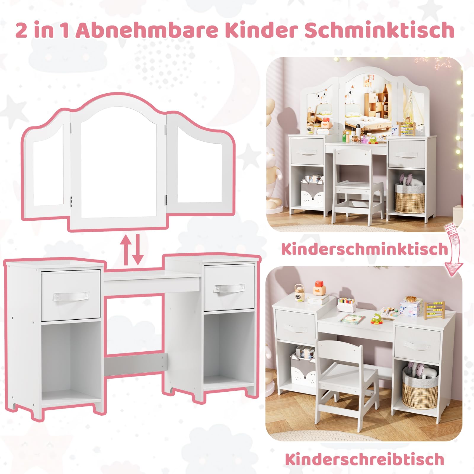 MAMIZO 2 in 1 Schminktisch Kinder Set, Schminktisch für Mädchen und Jungen, Kinderschminktisch mit Abnehmbarem Spiegel, Schreibtisch mit Hocker, 2PCS Stoffschubladen, 108x30x114 cm, Weiß