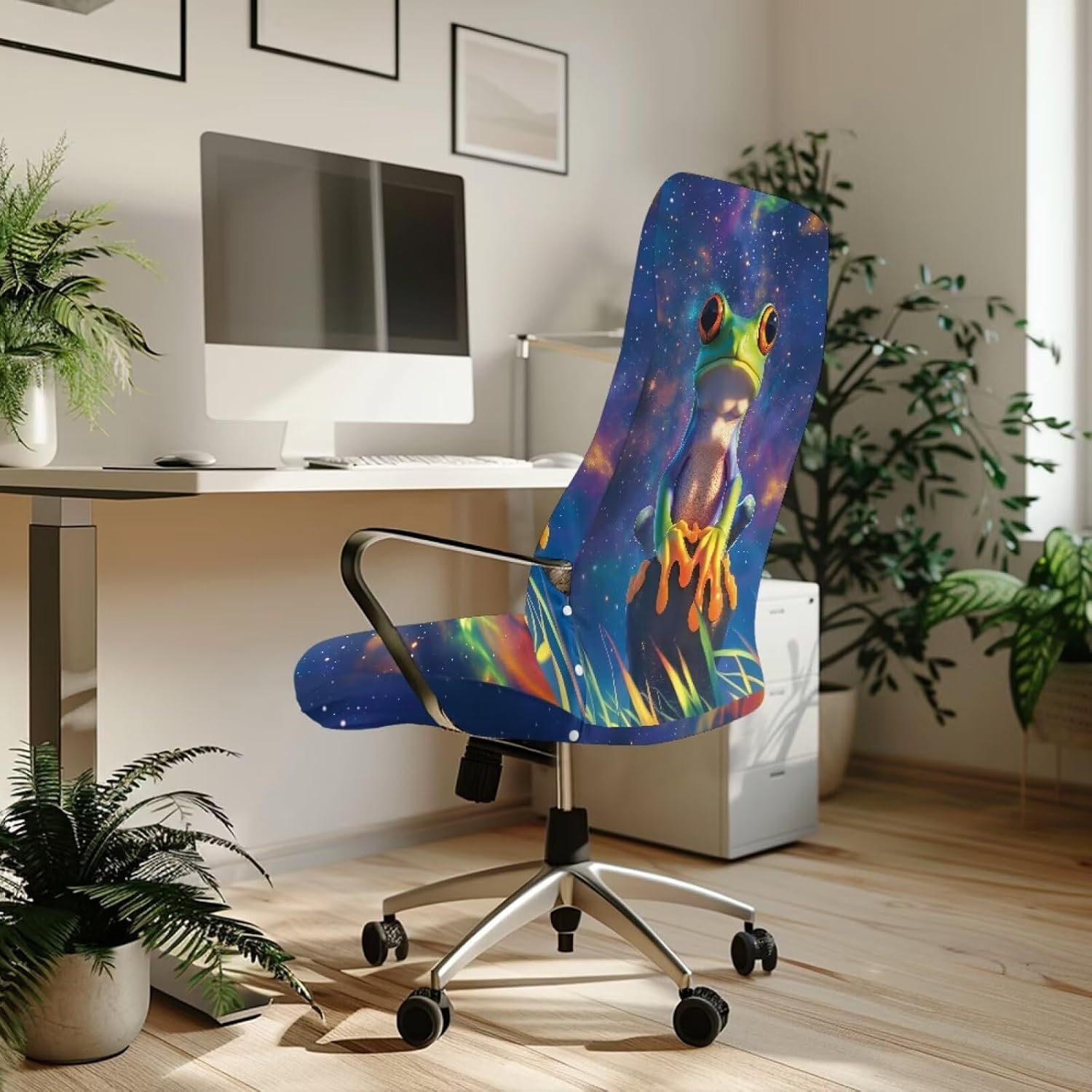 Universal Office Chair Slipcover Stretchable High Back Computer Desk Chair Cover Protector for Home Office Decor, L, Frog Galaxy Print