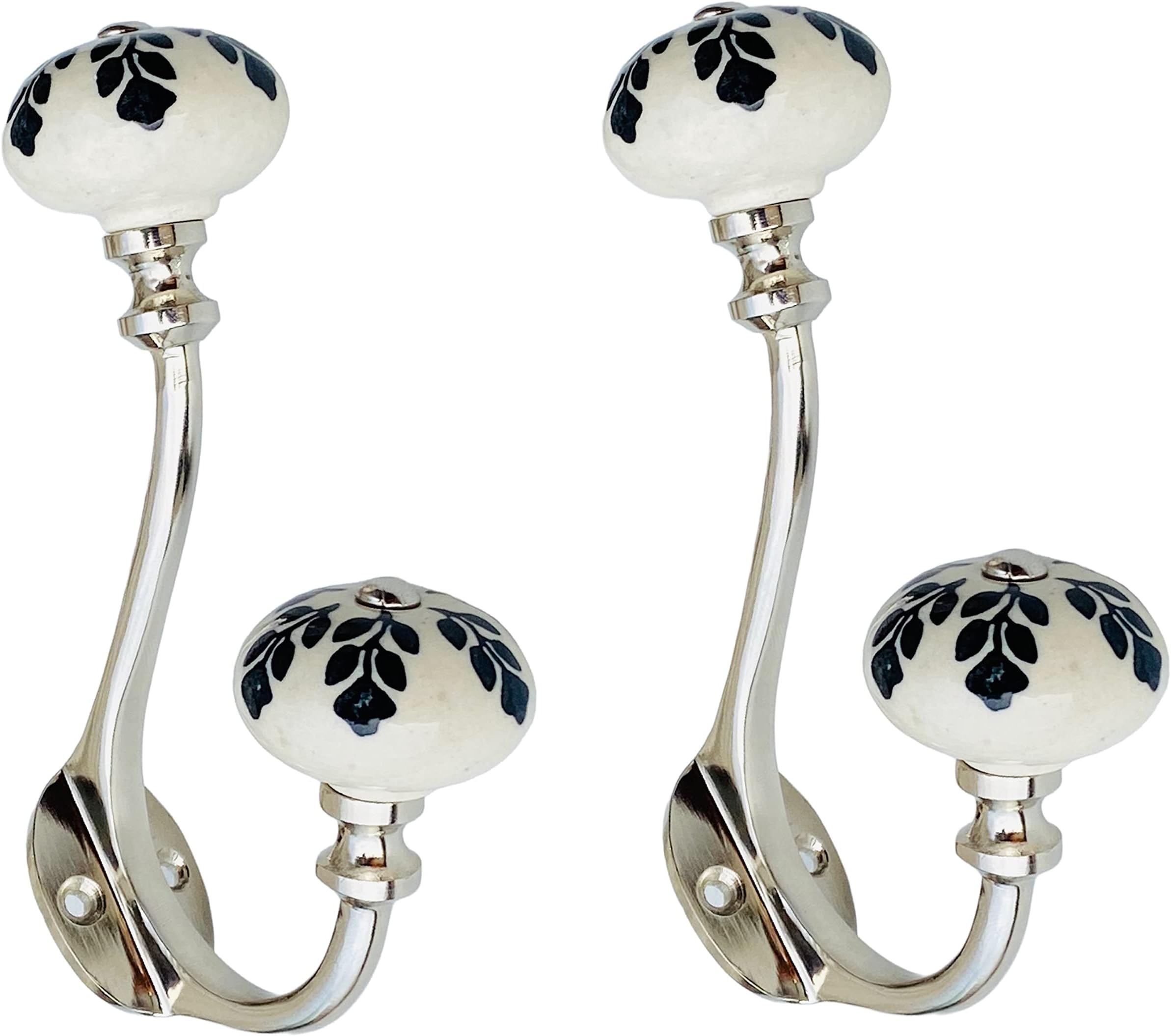 Maison Belle Ceramic Metal Wall Hooks Hanging Clothes Hat Coat Robe Hangers Metal Hook Door Hook Wall Mounted Single Hook Hanger - Silver Finish (Size 6 Inch, White Hand Painted) Pack of 2