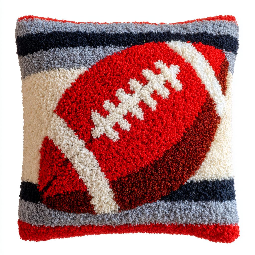 Henypt Latch Hook Kits Rugby Pattern Pillow Cover DIY Crochet Hook Cushion Rug Making Kits with Printed Pattern Canvas Needlework Hooking Adorment 43x43cm