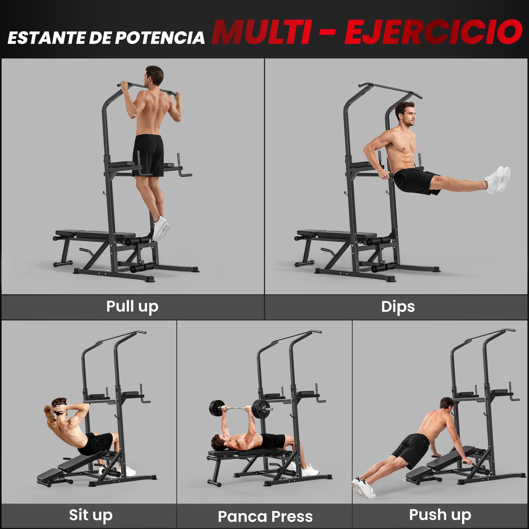 HOMCOM Estación de Musculación Torre de Entrenamiento Altura Ajustable con Barra de Dominadas y Banco Plegable para Fitness en Casa Gimnasio Carga 150 kg 99x178x230 cm Negro