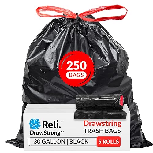 Reli. Bolsas de basura con cordón de 30 galones, 250 unidades a granel, color negro, bolsas de basura resistentes de 33 galones, grandes