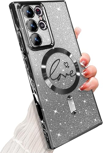 Funda magnética para Samsung Galaxy S22 Ultra, para mujeres y niñas, suave, linda, de lujo, chapado en corazón, brillante, brillante, compatible con