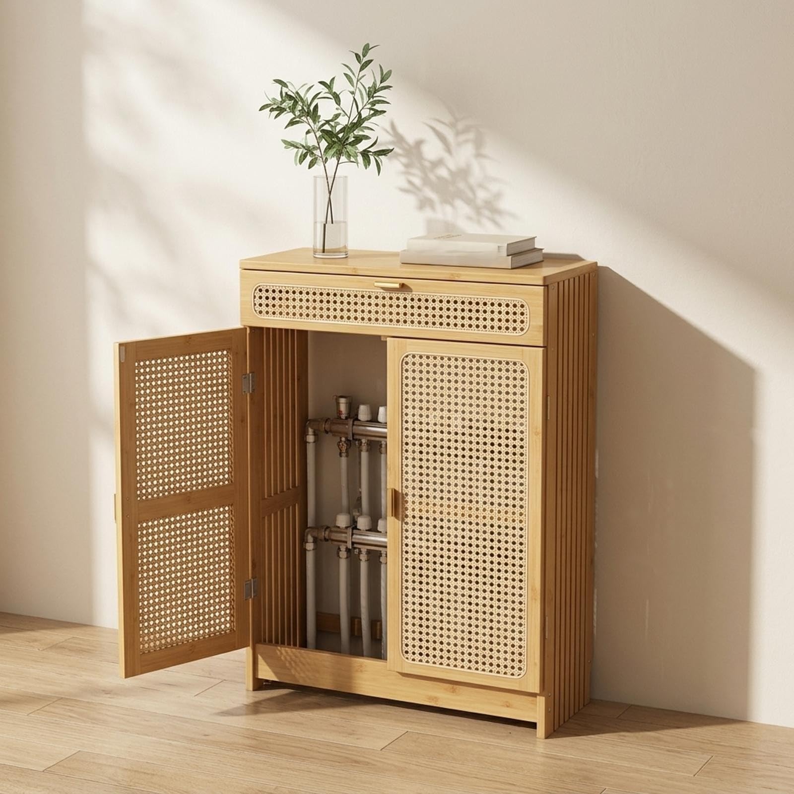 Cubreradiador de Madera con Puertas de Ratán y Cajón Organizador
