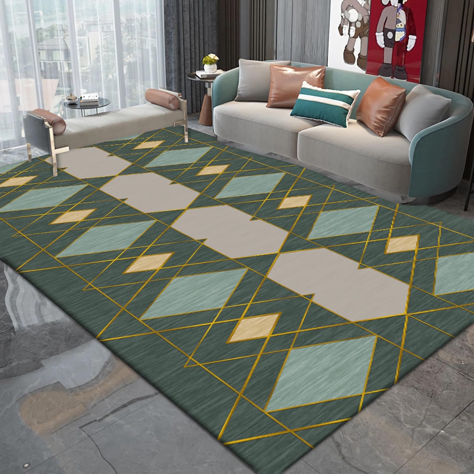 Tapis de Jeux pour Appartement Moderne et Bureau Design Gris Vert Jaune