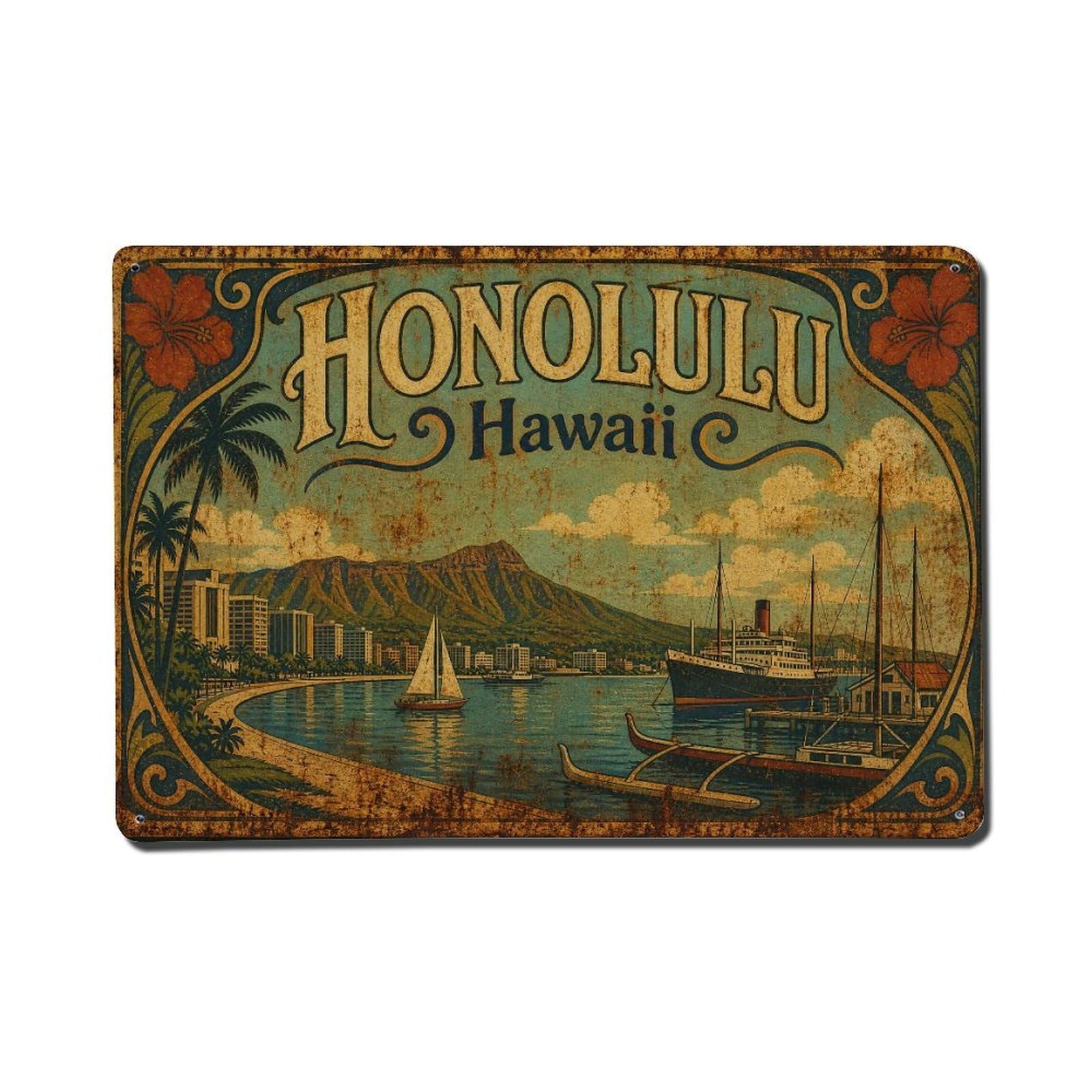 Huiyhb 8X12inch(20X30cm) Vintage Travel Honolulu Hawaii Waterfront Metal Tin Sign