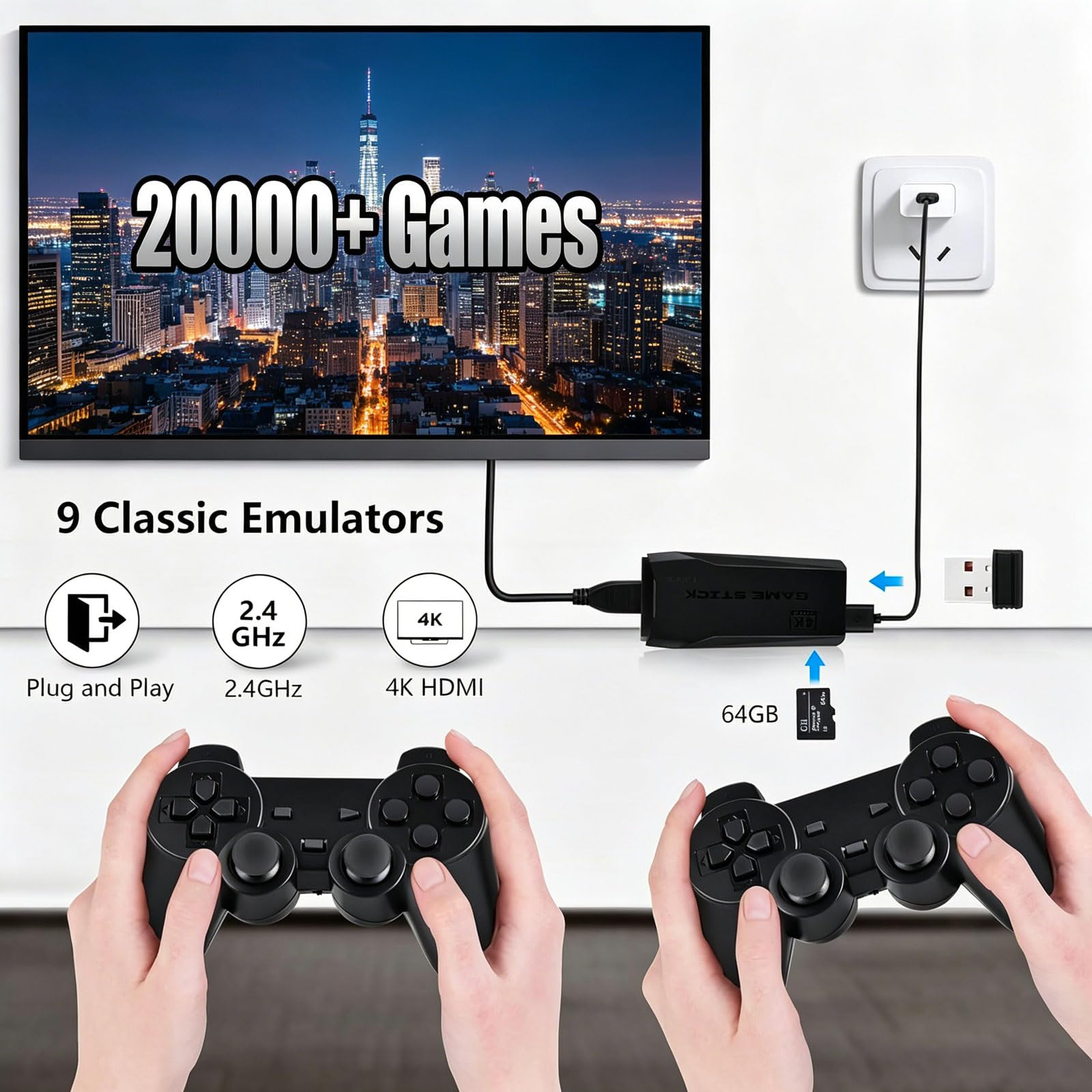 2026 Retro Game Stick Konsole mit 2 Controllern, Plug & Play TV-Anschluss, unterstützt tausende Klassische Spiele, Familien-Geschenk