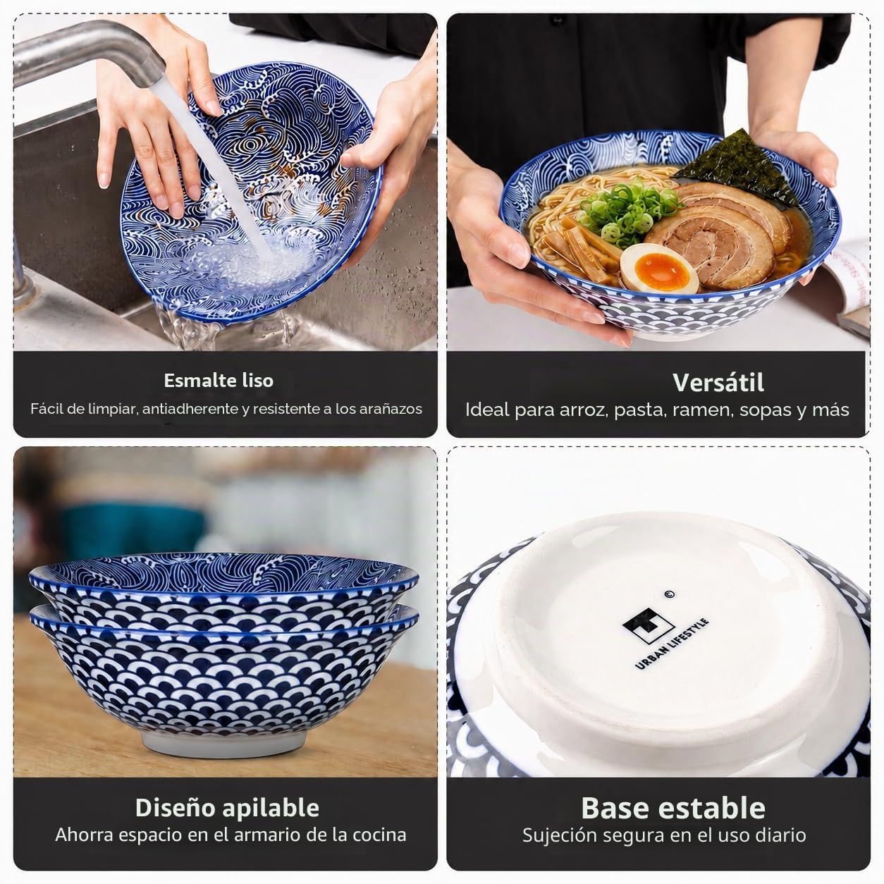 Urban Lifestyle Set Cuencos Ramen y Udon para 2 Personas Vajilla Asiática de Porcelana Ø 20,5 cm 1000 ml con Cucharas Ramen, Cuencos para Salsas y Palillos Japoneses – Estilo Japonés