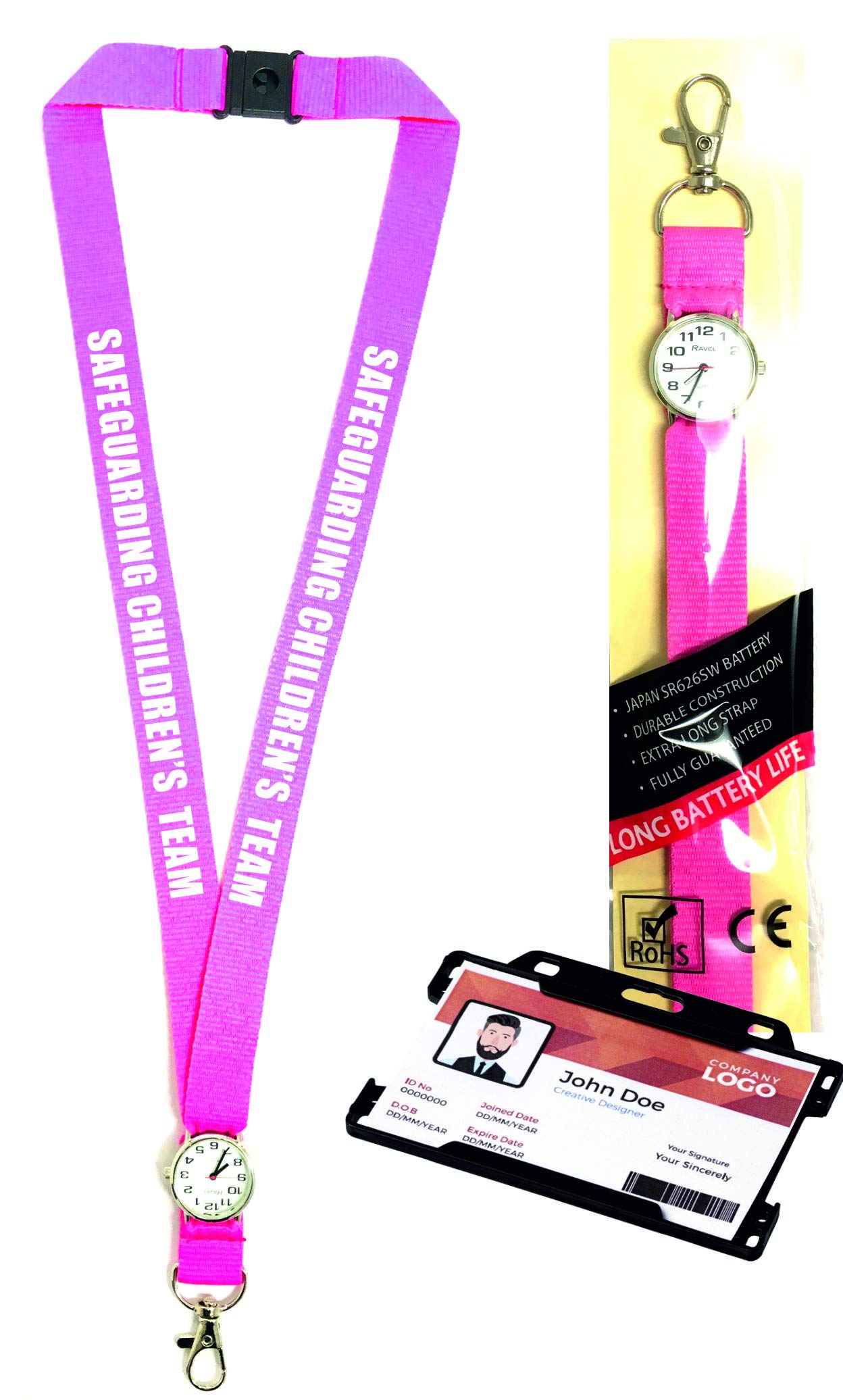 Safeguarding Children's Team Lanyard with Integrated Watch for Nurse's,Teacher's etc. 1 x Lanyard Watch Comes with ID Card Holder, Any Name Available (Pink)