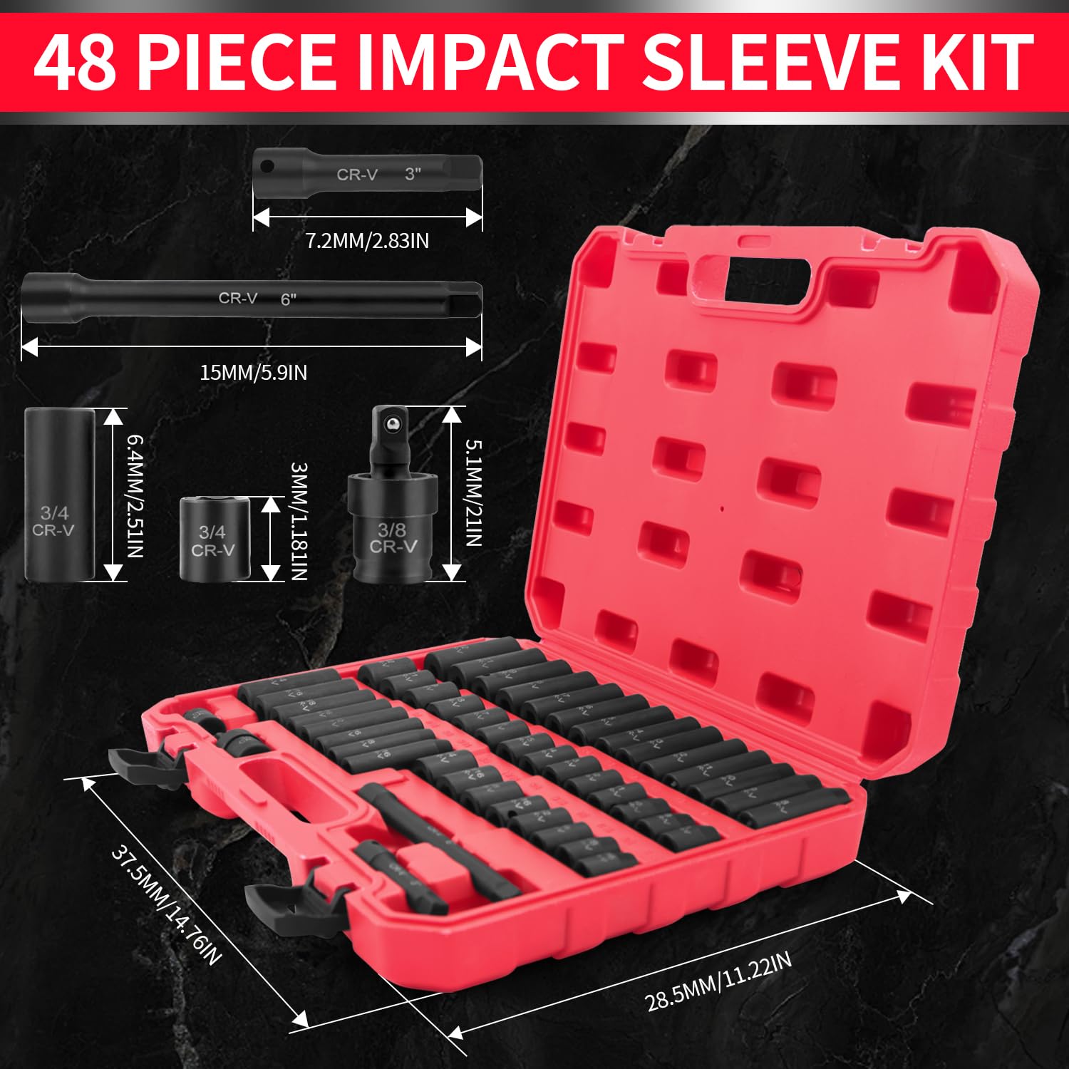 48-teiliges Schlag-Steckschlüssel-Set Mit 3/8"-Antrieb – SAE & Metrisch Inkl. Verlängerungen & Gelenk