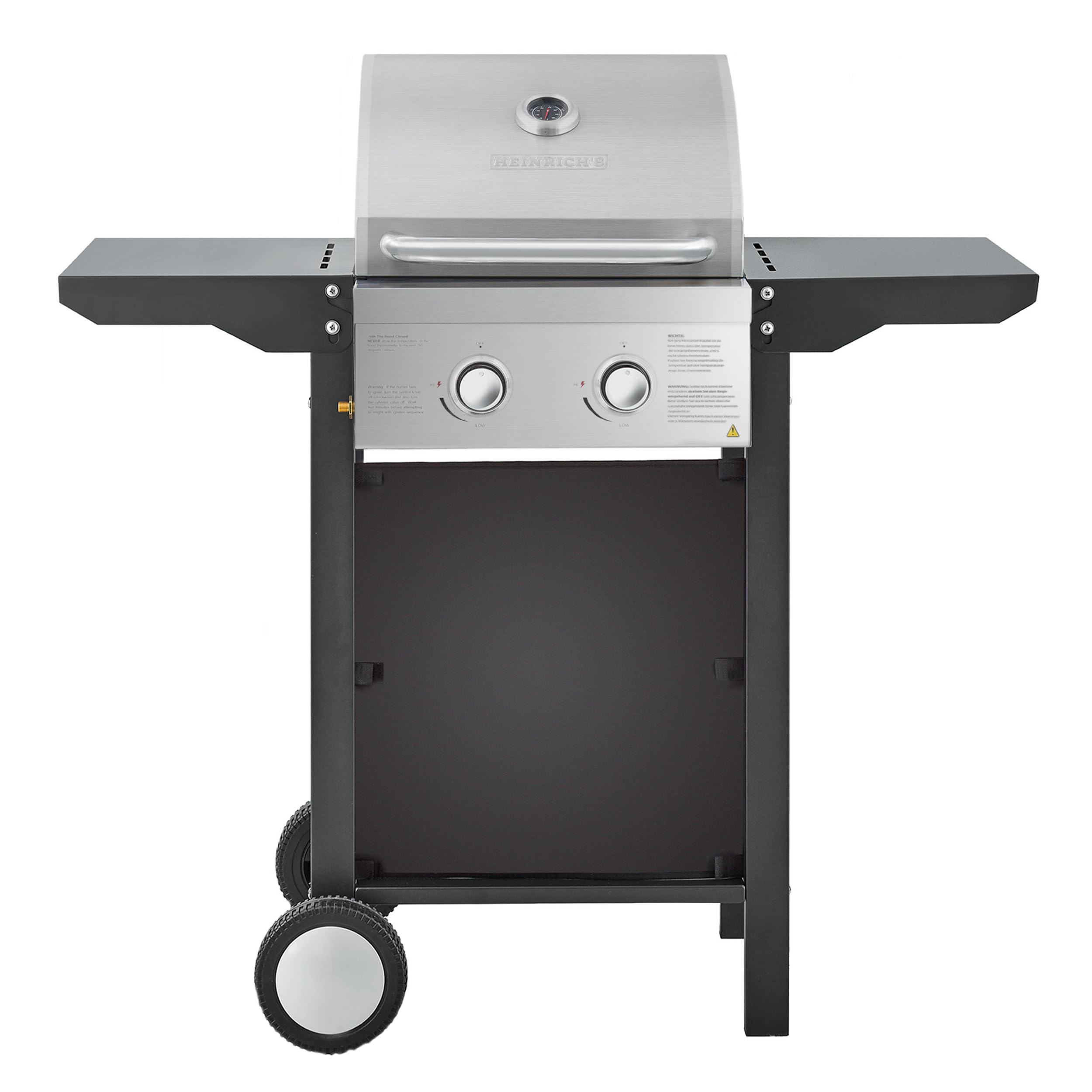 Heinrich´s Gasgrill, Grillwagen, 2Flächen Brenner aus Edelstahl, Balkon-Grill auf 2 Rädern, BBQ-Grill, Seitenablage klappbar, stufenlose Temperatursteuerung, Temperaturanzeige