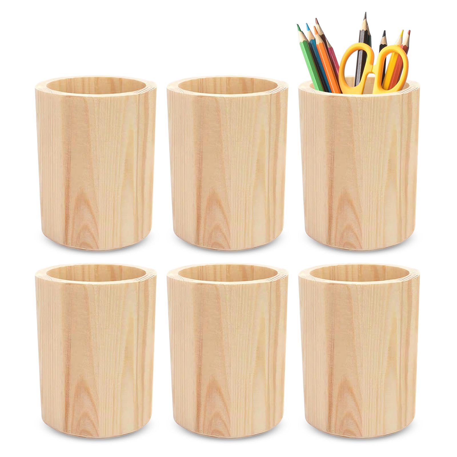 MerwDeeyt 6Pcs Wooden Pencil Holder 8x10cm Round Wooden Pencil Organizer Desktop Organizer Storage Cosmetics Display Pen Pot for Home Office Desk Accessory