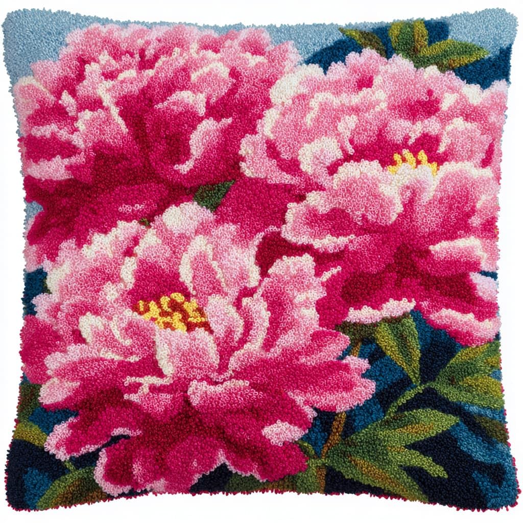 Taxpy DIY Rug Pillow Cover Latch Hook Cushion Kits, Peony Flowers Needlework Pillow Cover Sofa Cushion Rug Making Kits,17x17inch