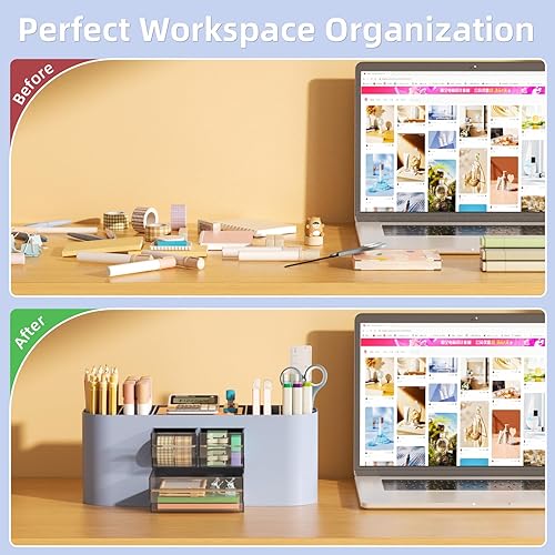 Miniatura 6 de Marbrasse Organizador de escritorio con 3 cajones, soporte multifuncional para lápices, organizadores de escritorio y accesorios con 7