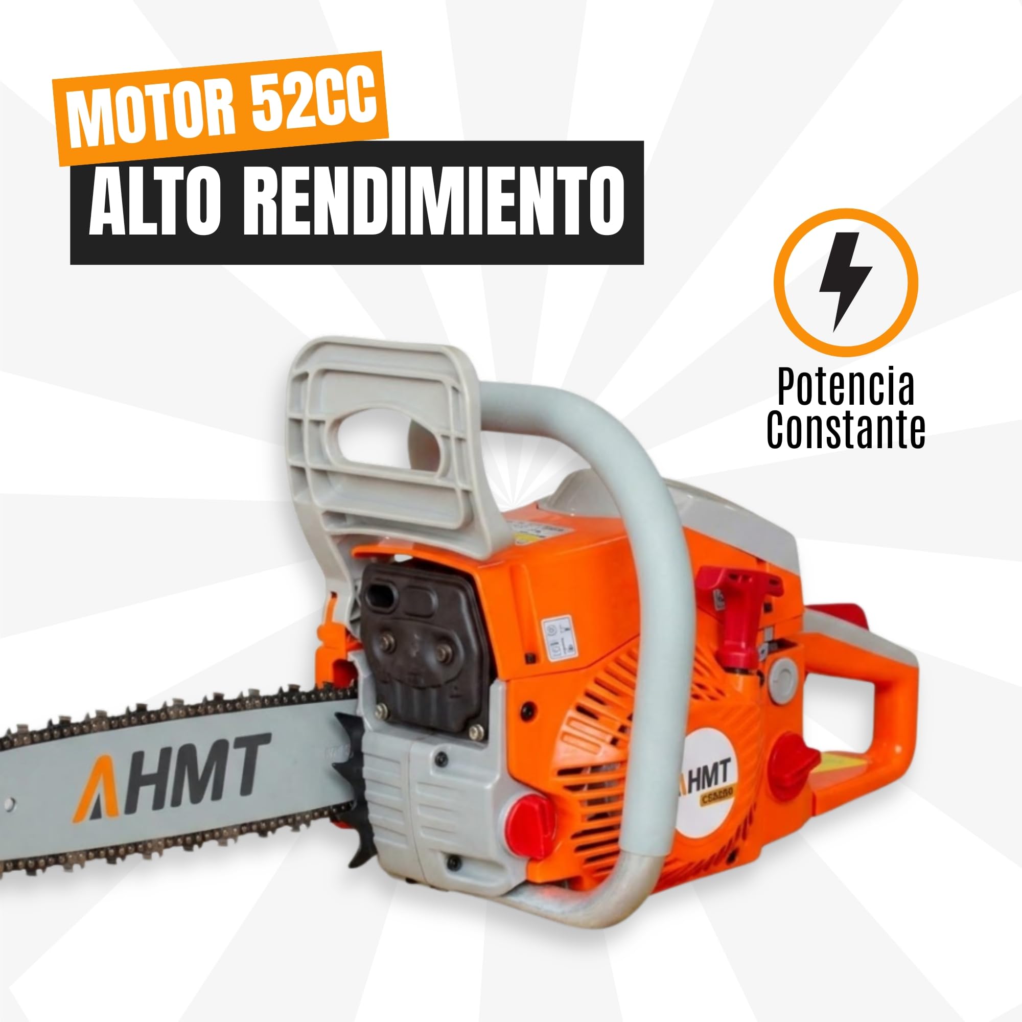 Motosierra Gasolina 52cc Potente y Segura – Espada de 20" con Punta de Piñón, Freno de Cadena, Bomba Automática de Aceite – Ideal para Cortar Leña, Troncos Gruesos | Uso Bricolaje y Jardín