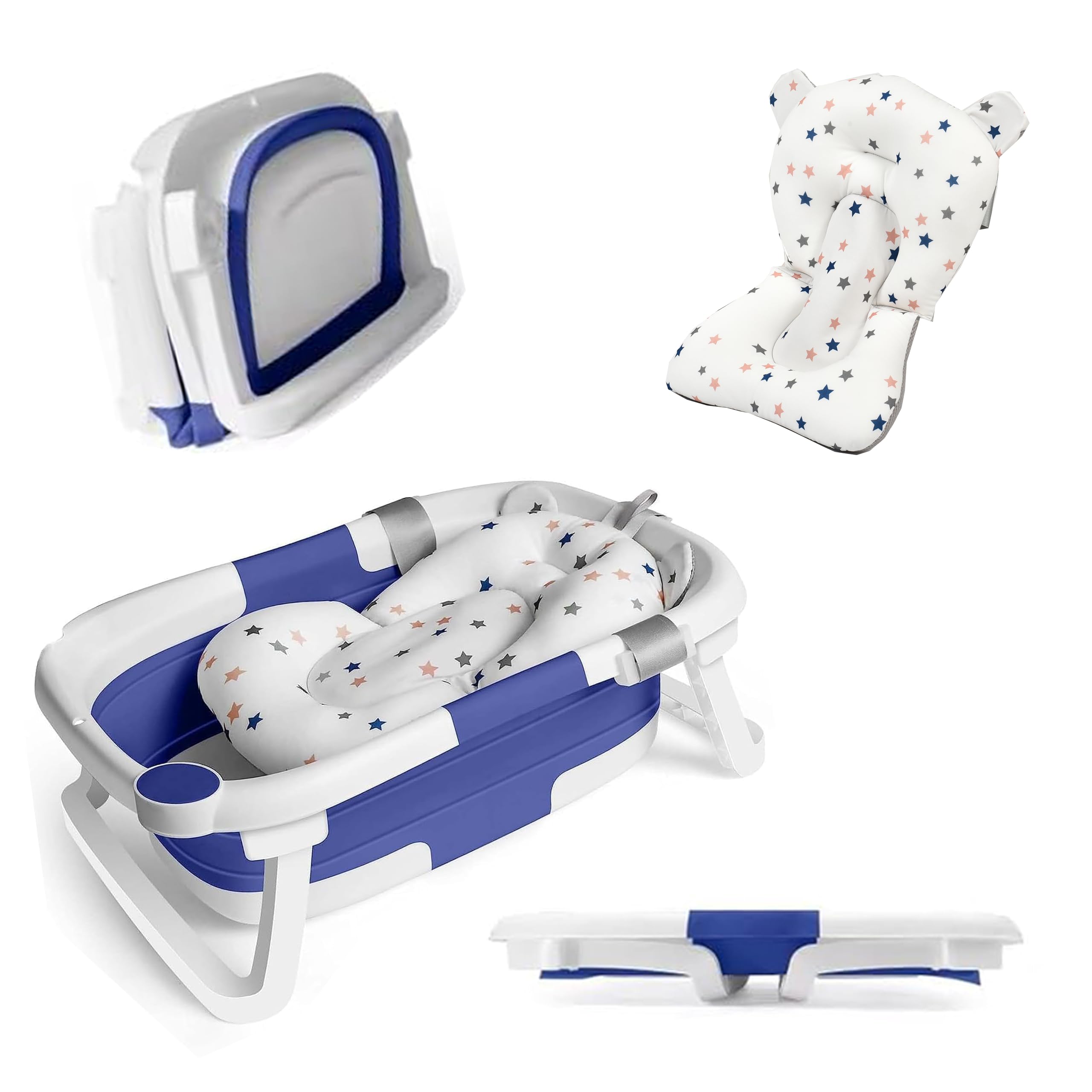 NOT JUST A BOX - Vaschetta Bagnetto Pieghevole Neonato, Indicatore di Temperatura, Foro di Drenaggio, Cuscino Antiscivolo, per bambini fino a 24 mesi (BLU)