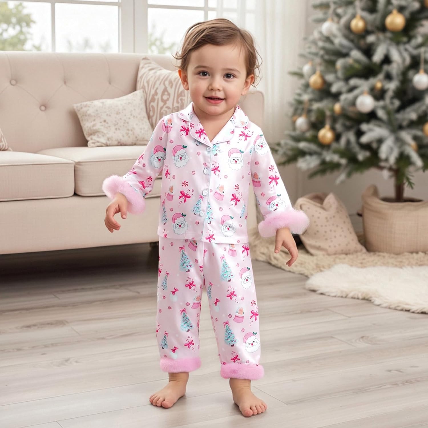 Kuriozud Kids Toddler Girl Satin Pajamas Fuzzy Trim Long Sleeve Button Down Shirt Top and Pants 2pcs Pjs Sets Sleepwear - Image 3