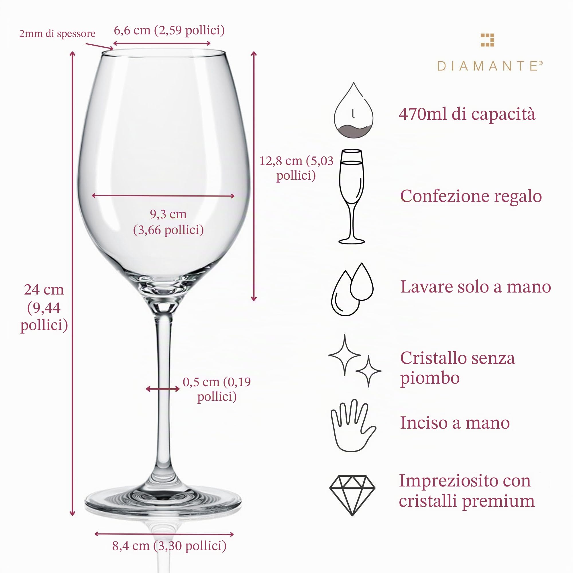 DIAMANTE Coppia di bicchieri da vino rosso - Design 'Silhouette' impreziosito da cristalli - Set da 2