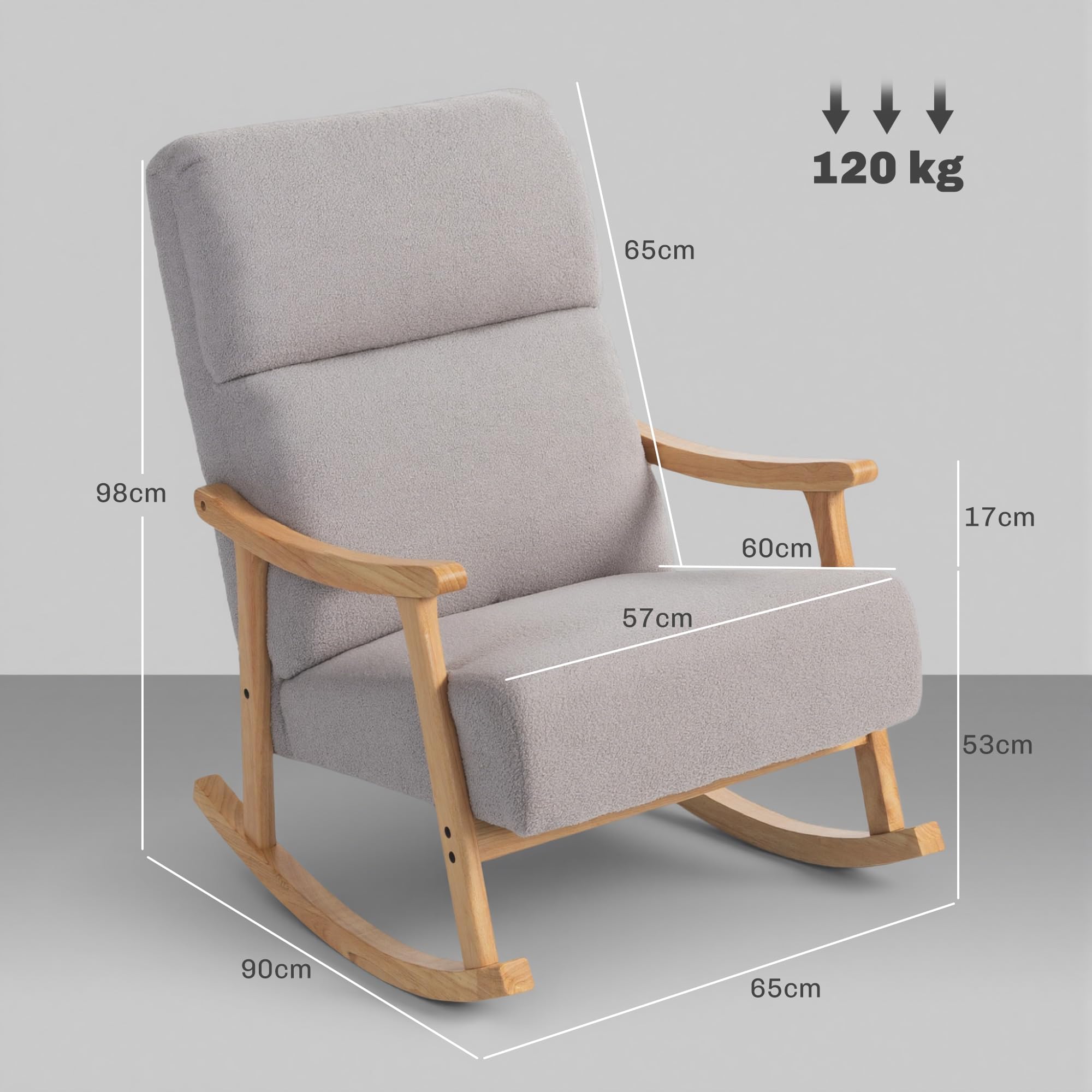 HOMCOM Silla Mecedora de Borreguito Moderna, Mecedora con Patas y Reposabrazos de Madera de Caucho, Respaldo Alto, Carga 120 kg, para Dormitorio, Salón, Gris Claro
