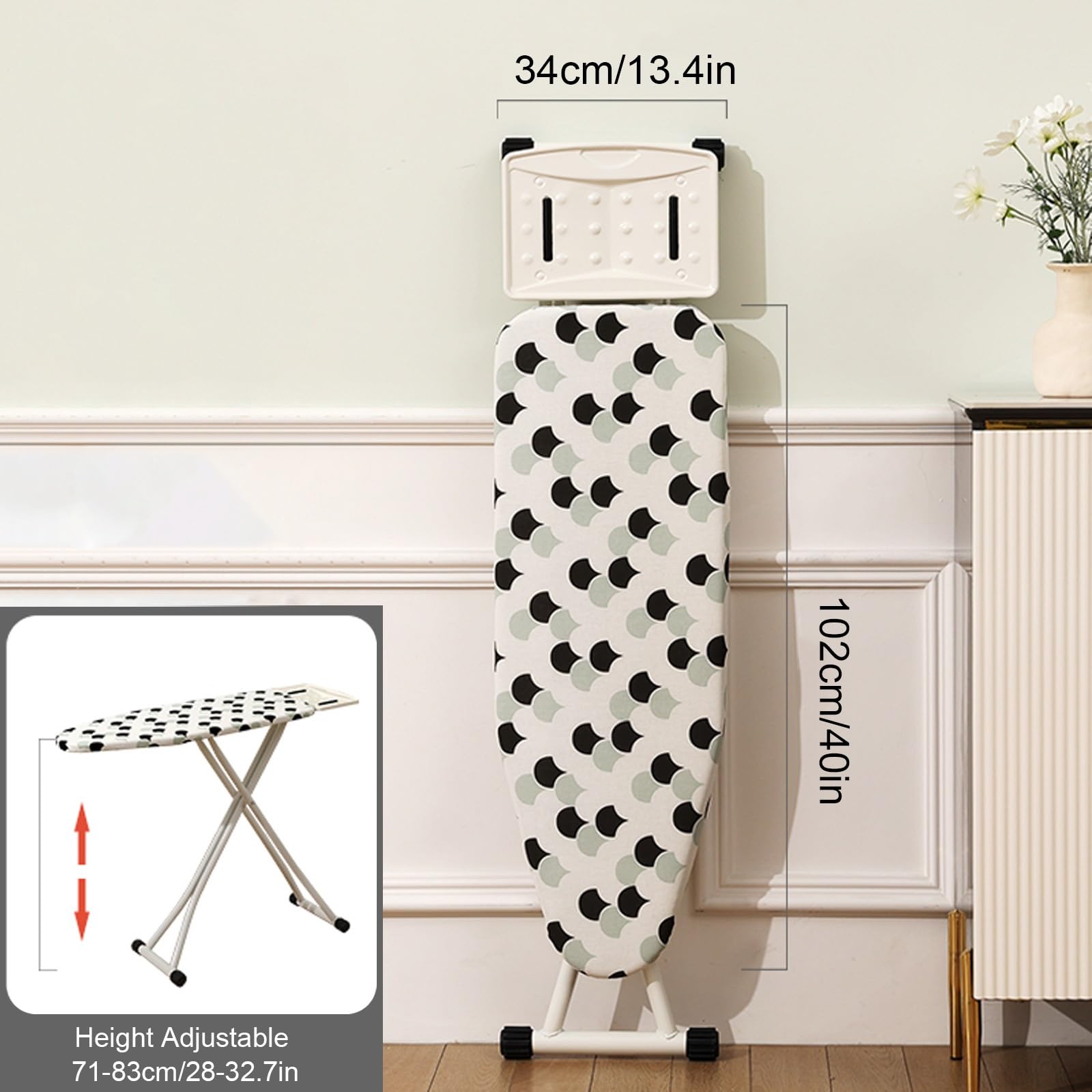 Tabla de Planchar Plegable de Altura Ajustable, Ironing Board de Pie con Soporte para Plancha, Patas Antideslizantes y Soporte para Mangas(Medium)