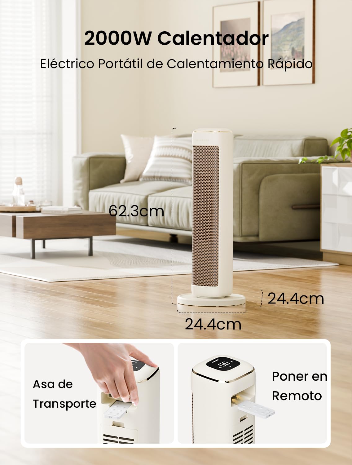 AIRMATE 2000W Calefactor Bajo Consumo, 63cm Torre Calefactor Electrico Bajo Consumo con Oscilación 80° 24H Heater Protección Sobrecalentamiento y Vuelco Calefactor Ceramico Eléctrico Dormitorios
