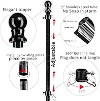 Vista 2 de Black Flag Poles for Outside in Ground - 8FT Flag Pole for House with 2 Pronges Base - Stainless Steel Flag Pole Kit with 3x5FT American Flag for