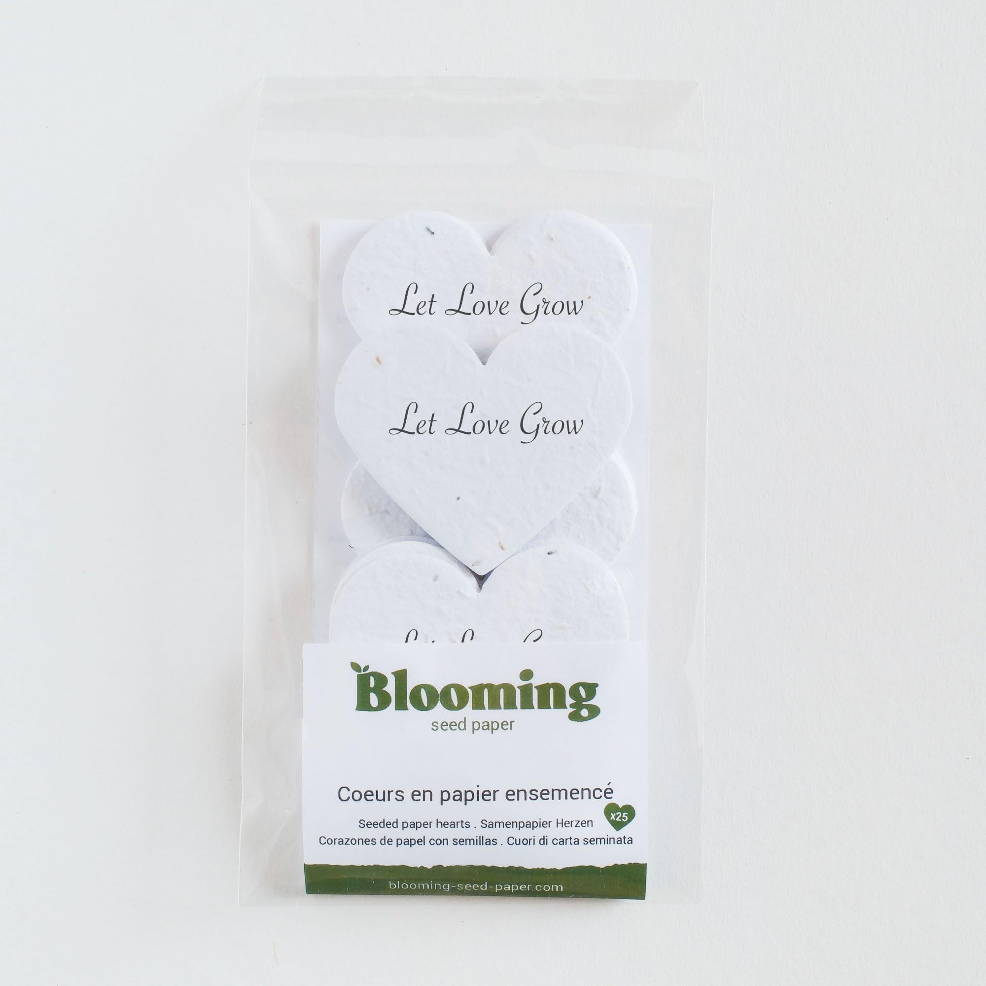 BLOOMING Cuori di carta seminata – Set di 25 bomboniere da piantare "Let Love Grow", 6,3 x 6,3 cm, 300 g/m2, bianco vergine, semi di fiori selvatici biodegradabili
