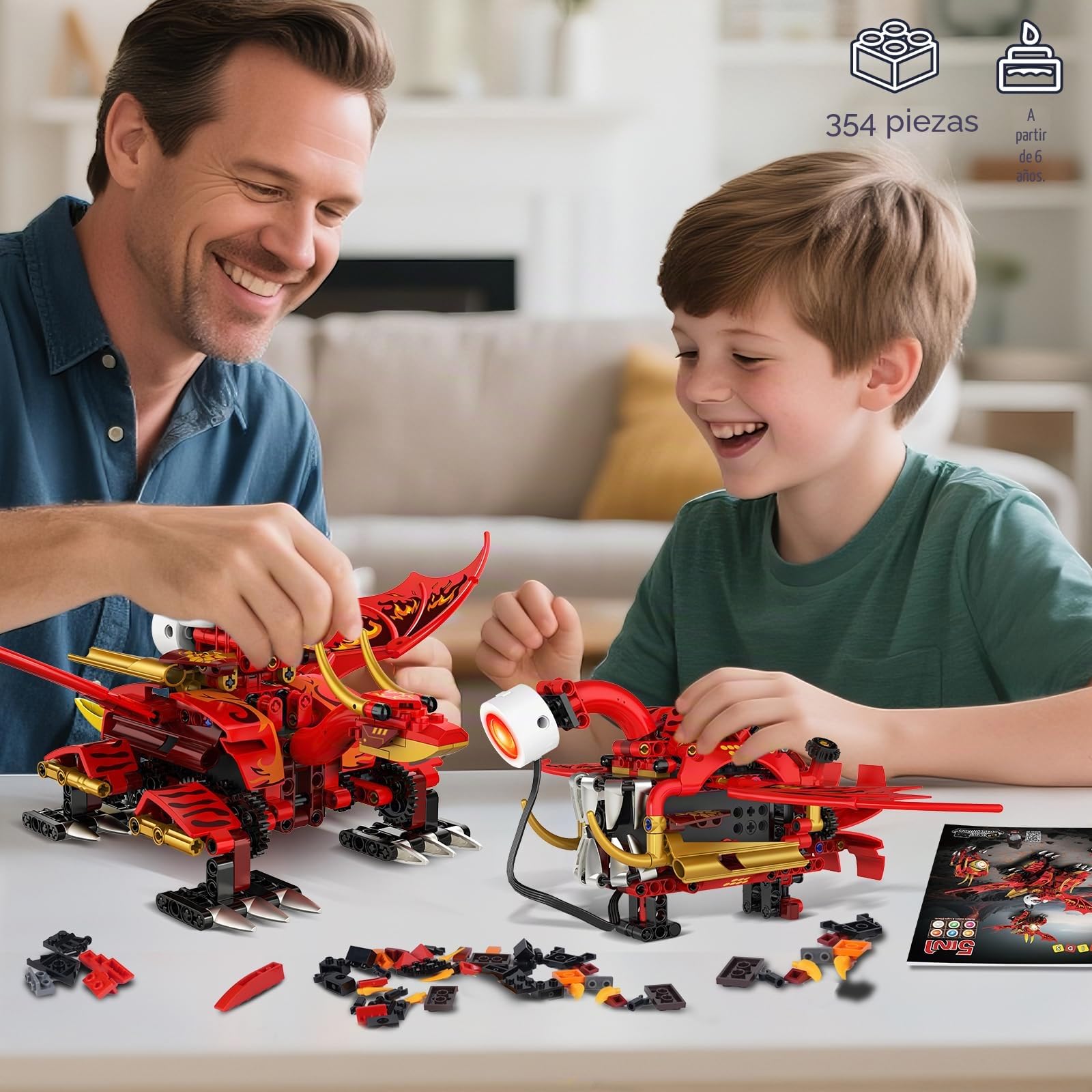 HOGOKIDS - 5 en 1 Juego de Bloques de construcción de Robot dragón con 6 Colores de iluminación y 5 Efectos de luz - 354 Piezas de Juguete Robot controlado por Control Remoto y App, Regalo para niños