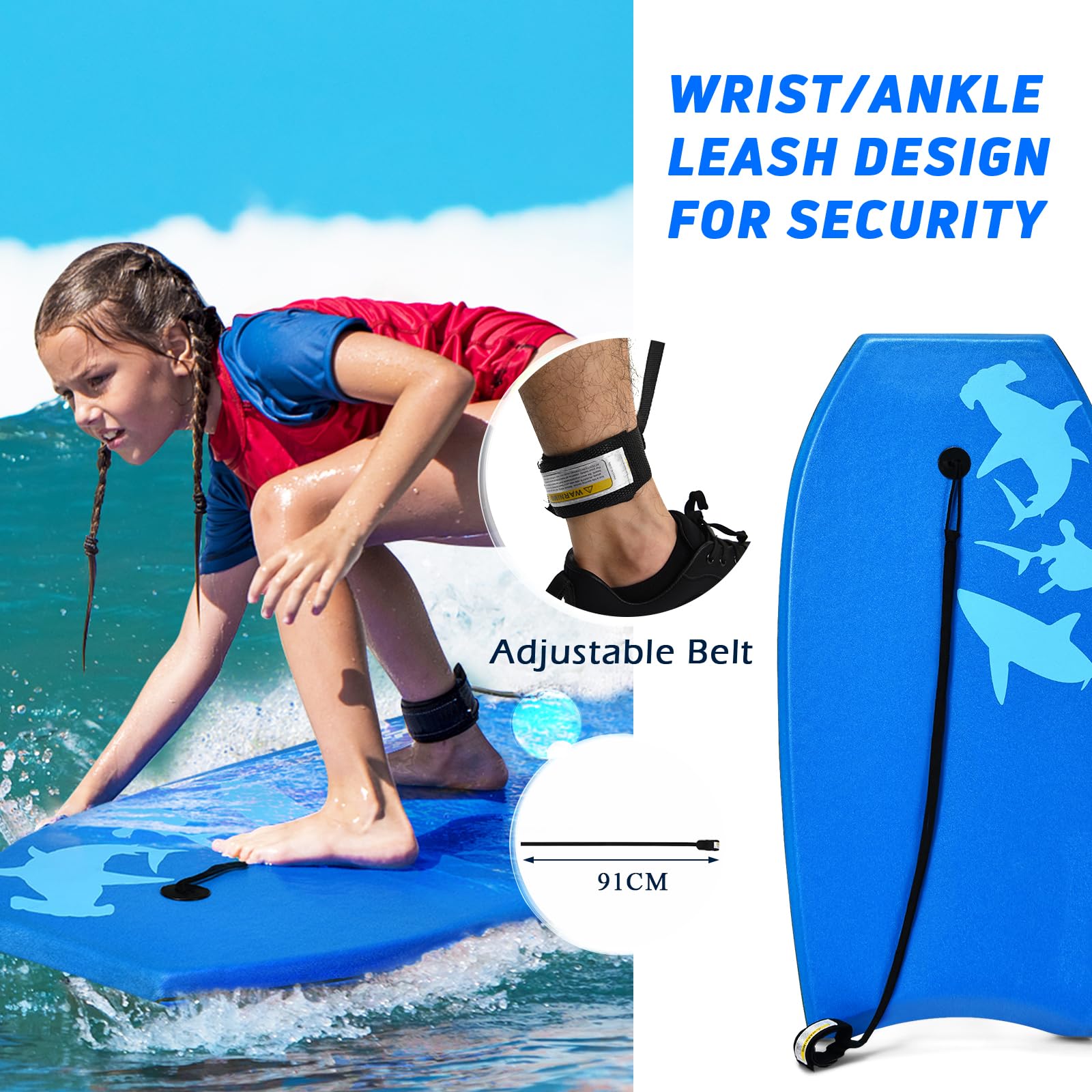 HOMASIS Bodyboard con Guinzaglio, Tavola da Surf in XPE & HDPE, Surfboard con Stampa di Squalo, Tavoletta da Surf Portatile per Bambini e Adulti, Blu