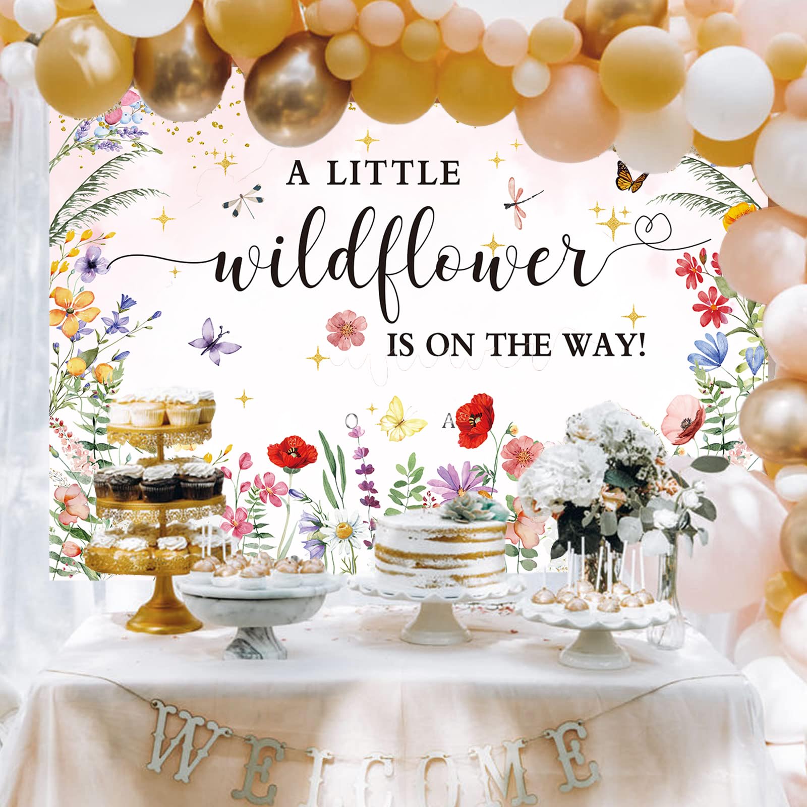 Fotohintergrund Für Babyparty – Aquarell-Design Mit Wildblumen, Schmetterlingen, Verschiedene Größen Wählbar