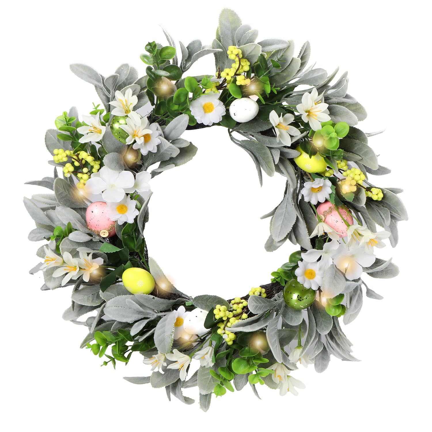 View 1 of 18 Inch Summer Wreath for Front Door, Floral Wreath with Auto Timer Warm Lights, Silk Lambs Ear Leaves & Daisies, Artificial Pastel Eggs & Berry Clusters, Summer Door Wreath Decorations for Home