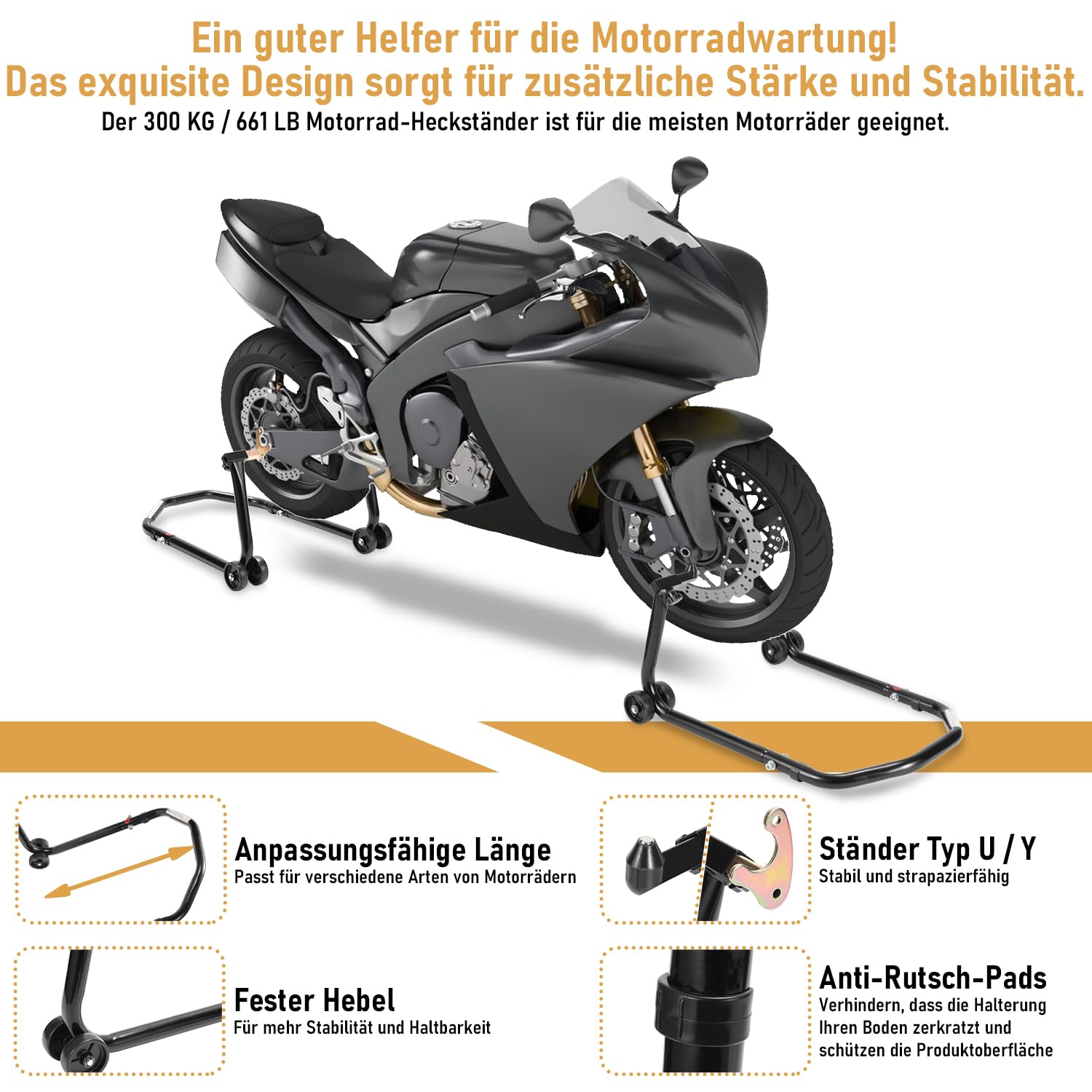 Eulenke Stojak montażowy do motocykla, podnośnik do 300 kg, wysoka stabilność, podnośnik montażowy z adapterem, praktyczny stojak transportowy z regulowaną szerokością, uchwyt na koła z przodu i z