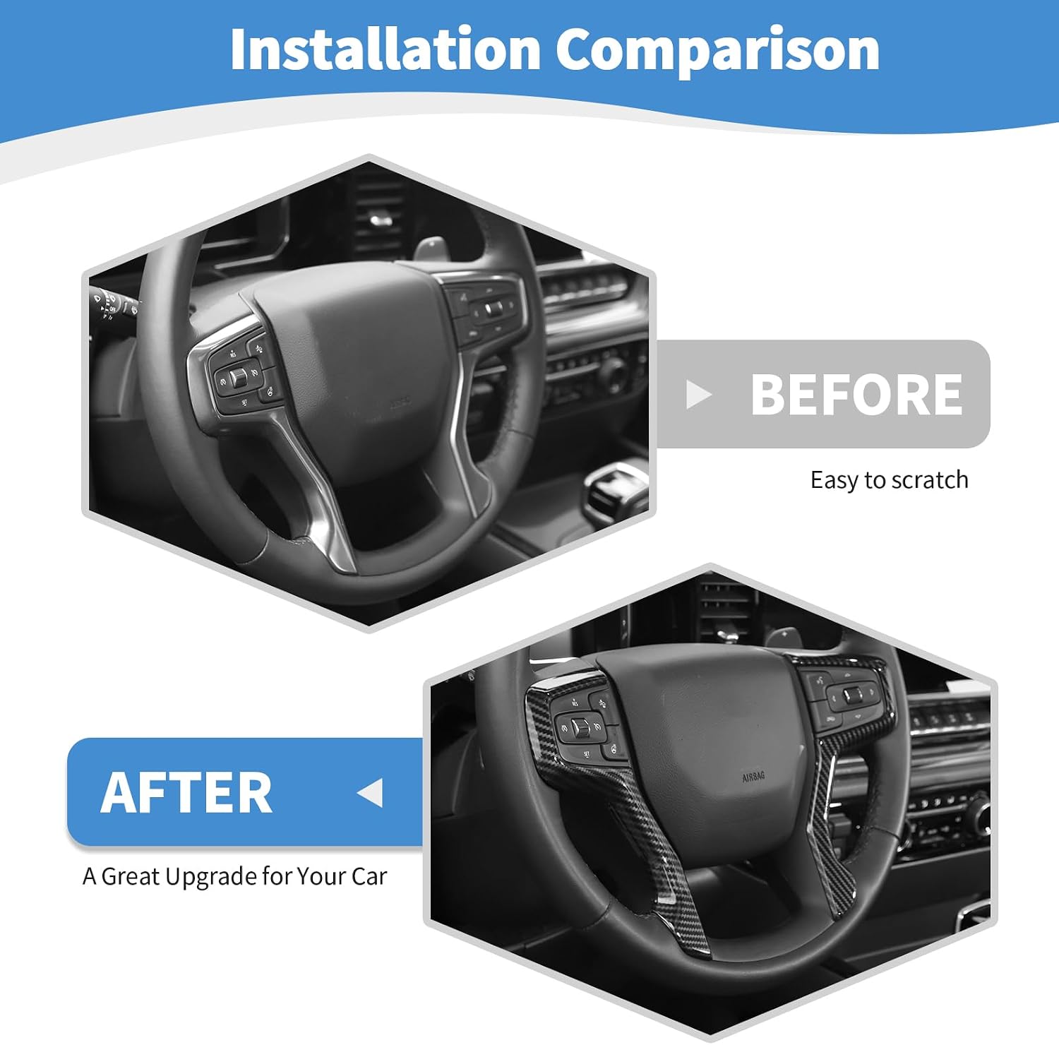 RT-TCZ for Silverado Steering Wheel Trim Carbon Fiber Interior Accessories for Chevrolet Chevy Silverado 2019+ Suburban 2020+ Tahoe 2021+ 2pcs