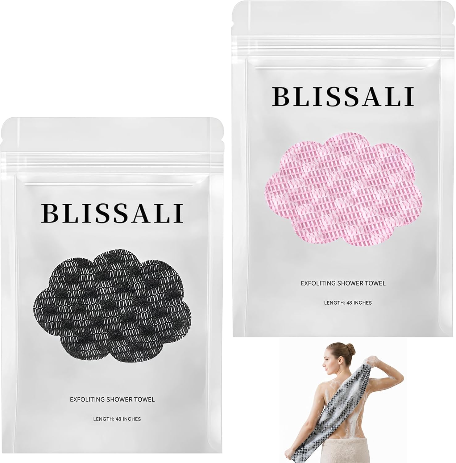 Blissal Exfoliating Shower Towel, Premium Microfiber Scrub Towel, Quick-Drying Durable & Gentle, 2-in-1 Exfoliatings Towels-Body Scrubber with 2 Sides for All Skin Types (Black+Pink)