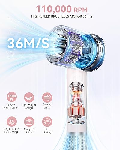 Miniatura 3 de Secador de pelo para mujer de alta velocidad de 1500 W, secador iónico para cabello rizado, motor silencioso sin escobillas, secado rápido,