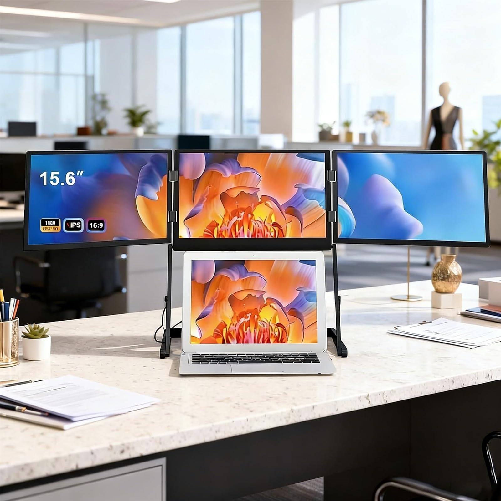 Stołowe Potrójne Rozszerzenie Ekranu 15,6 Cala, Wyświetlacz Ips 1080p, Wbudowane Głośniki, Regulowana Wysokość, Złącza Type-C Hdmi Usb Do Wielokrotnych Ekranów