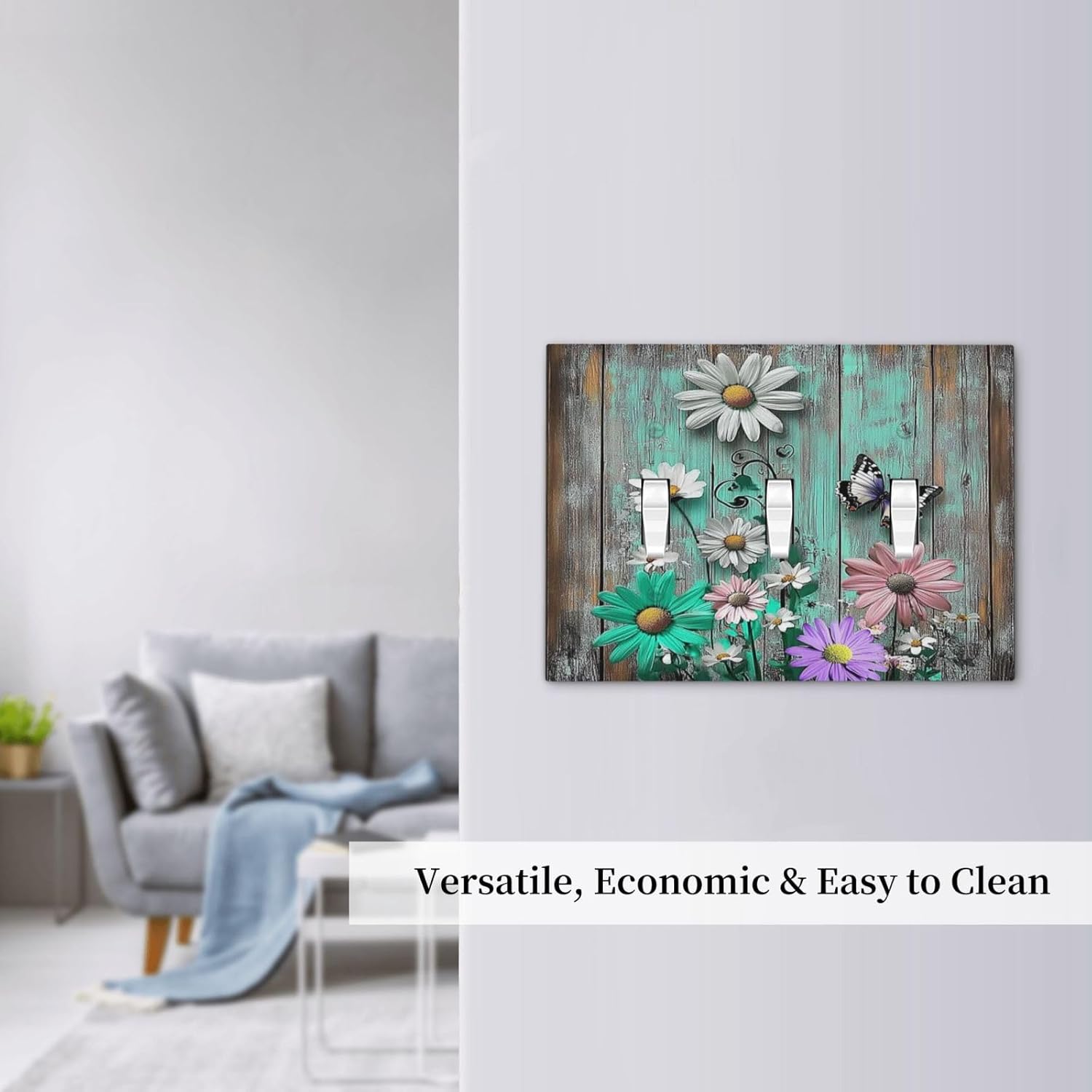 Decorative Switch Plates Rustic Flower Daisy Butterfly Green Wood 3 Gang Wall Plate Triple Toggle Light Switch Cover Faceplate Electrical Wall Panels For Farmhouse Cabin Decor