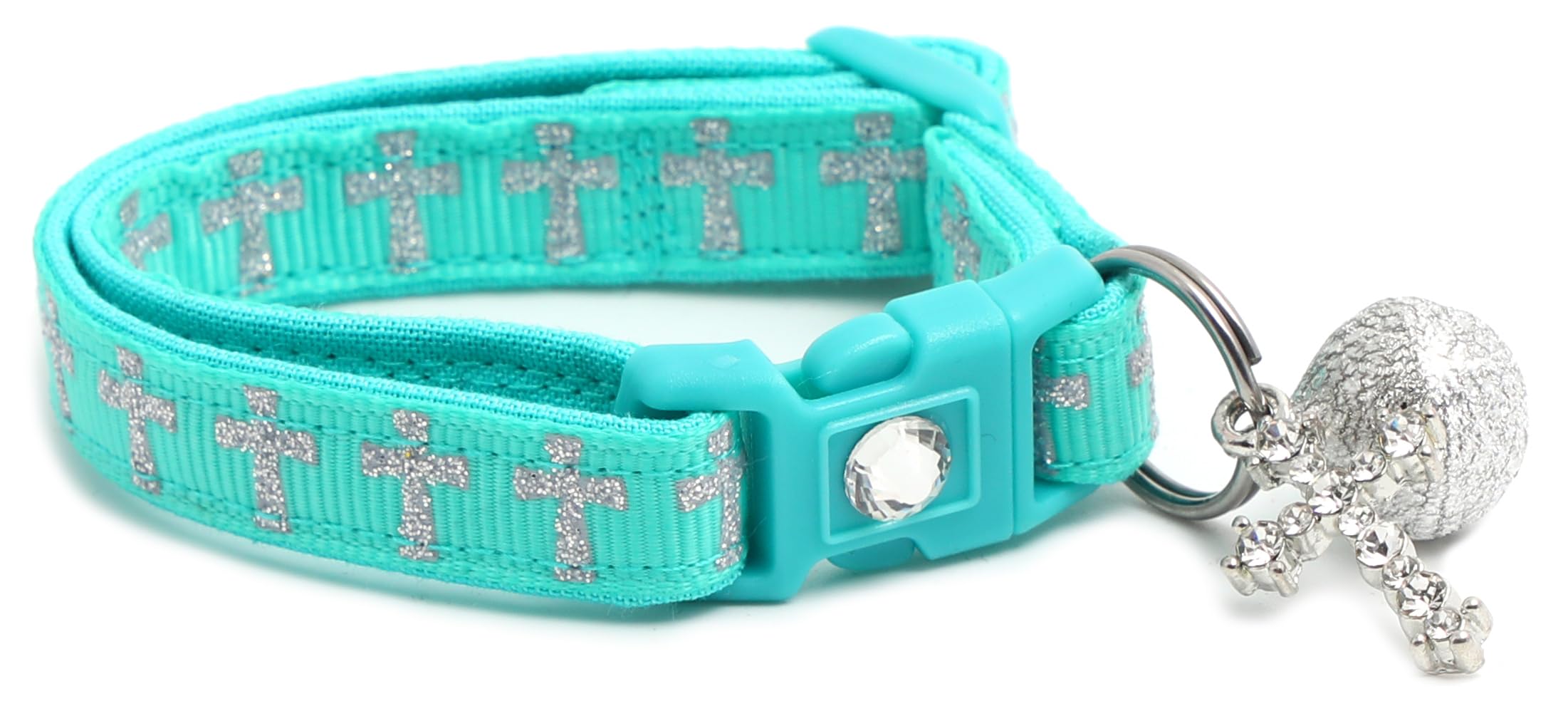 Cross Cat Collar with Charm & Bell | Safety Breakaway Collar | Adjustable Large Size or Kitten Collar (Small(10lbs & Less), Aqua)