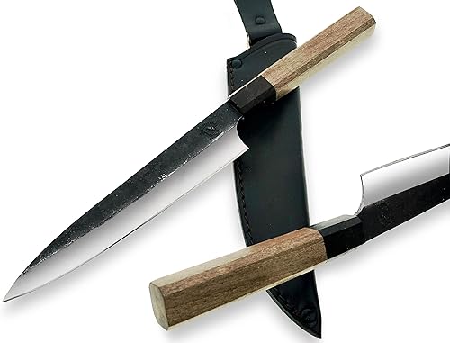 Cuchillo de chef Cuchillo de cocina santoku 80crV2 Hoja de acero Madera de nogal y mango de madera de olivo Navaja Hoja afilada CUERO SHEATH BW-4162